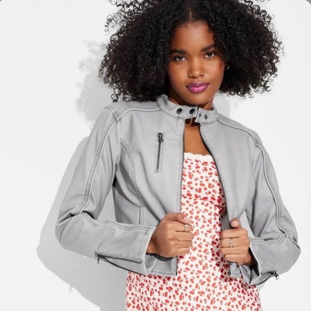 Women's Grey Faux Leather Fitted Moto Jacket - Wild Fable™ Slim Fit